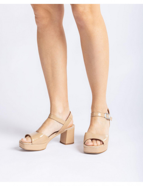 Sandales à bout carré en cuir brillant-Sandales à talon-Chaussure femme Maroc