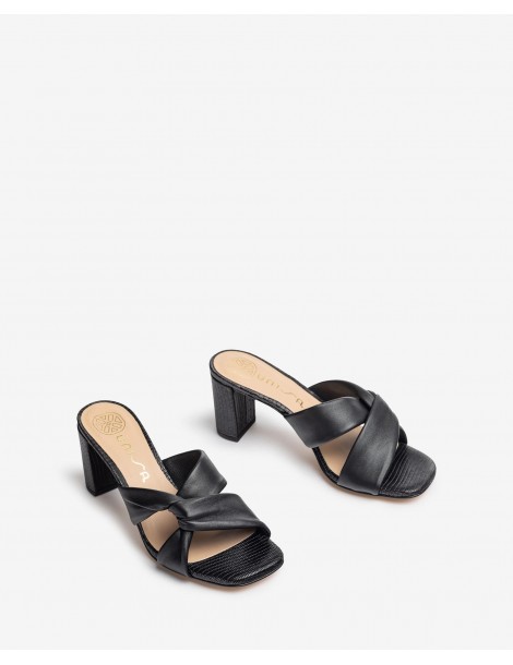 Mules bimatières noires à lanières nouées-Soldes été-Chaussure femme Maroc