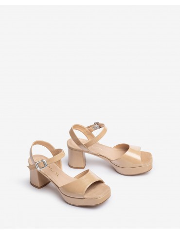 Sandales à bout carré en cuir brillant-Sandales à talon-Chaussure femme Maroc
