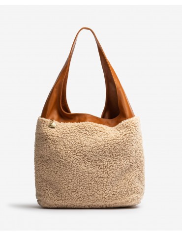 Grand sac en tissu bouclette et cuir marron-Sacs-Chaussure femme Maroc