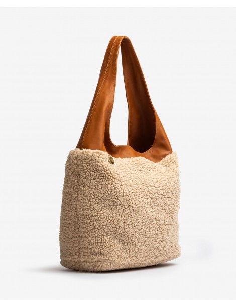 Grand sac en tissu bouclette et cuir marron-Sacs-Chaussure femme Maroc