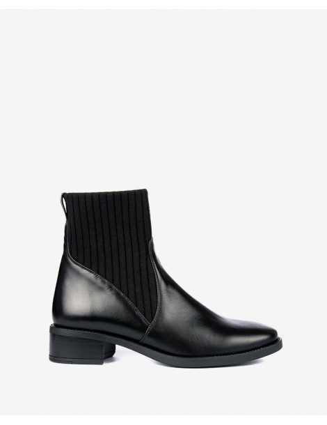 Bottines en cuir noir avec tige en tissu élastique-SOLDES HIVER-Chaussure femme Maroc