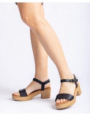 Sandale en cuir avec bloc effet bois-Sandales compensées-Chaussure femme Maroc