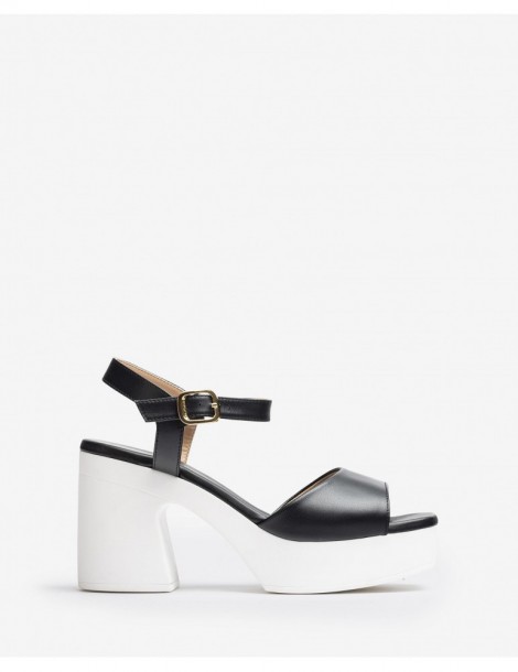 Sandales en cuir noir à bloc contrasté-Soldes été-Chaussure femme Maroc