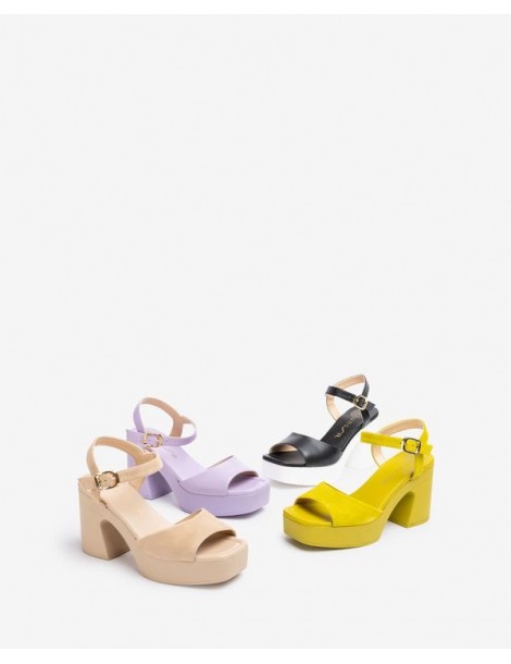 Sandales en cuir noir à bloc contrasté-Soldes été-Chaussure femme Maroc