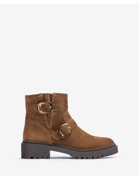 Bottines plates avec boucle en daim marron-Bottes et bottines-Chaussure femme Maroc