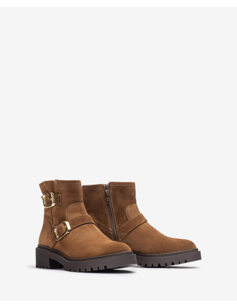 Bottines plates avec boucle en daim marron-Bottes et bottines-Chaussure femme Maroc
