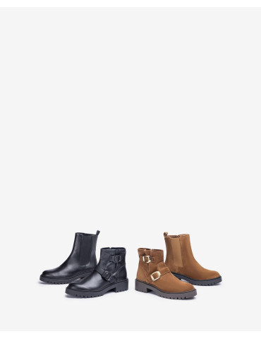 Bottines plates avec boucle en daim marron-Bottes et bottines-Chaussure femme Maroc