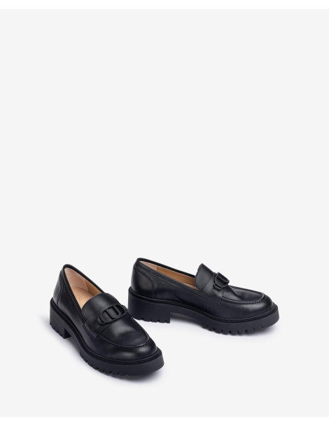 Mocassins avec logo en caoutchouc en cuir noir-Mocassins-Chaussure femme Maroc
