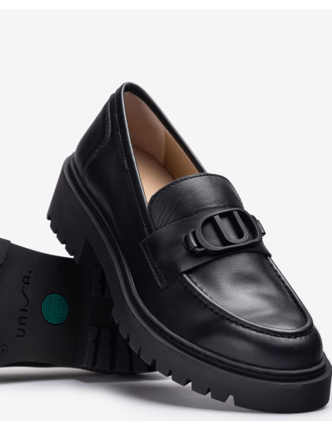 Mocassins avec logo en caoutchouc en cuir noir-Mocassins-Chaussure femme Maroc
