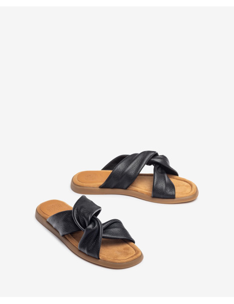 Mules en cuir noir plates avec brides croisées-Collection été-Chaussure femme Maroc