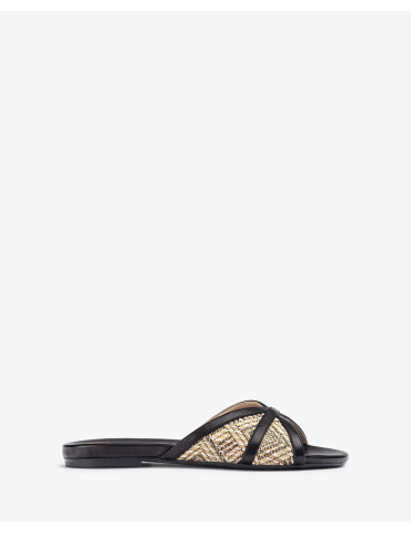 Sandales plates en raphia imprimé Noir-Mules-Chaussure femme Maroc