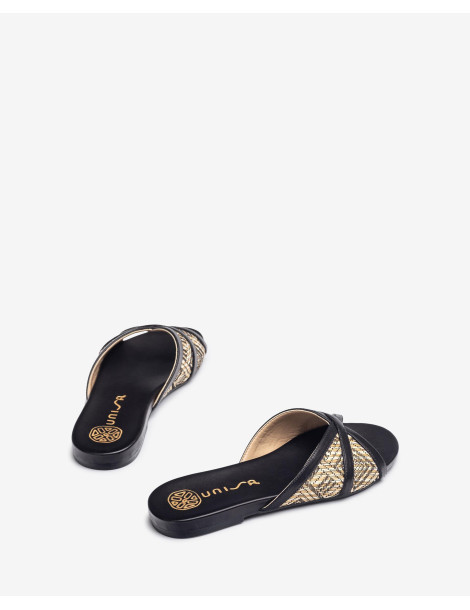 Sandales plates en raphia imprimé Noir-Mules-Chaussure femme Maroc