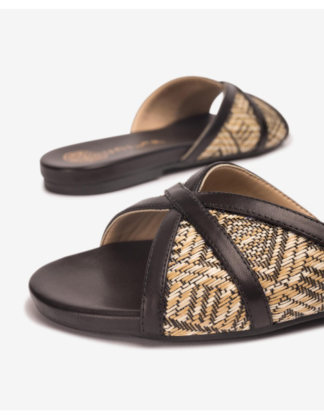 Sandales plates en raphia imprimé Noir-Mules-Chaussure femme Maroc