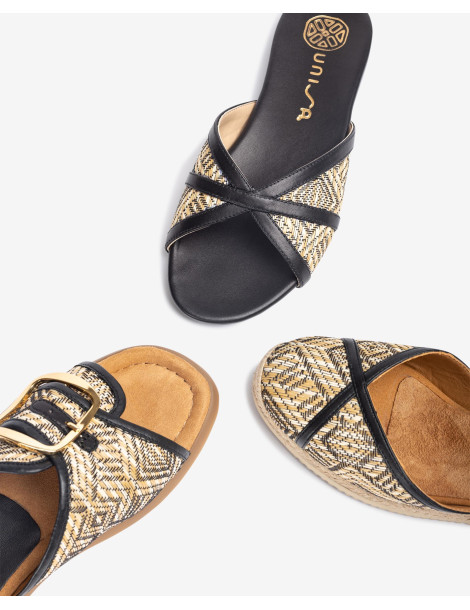 Sandales plates en raphia imprimé Noir-Mules-Chaussure femme Maroc