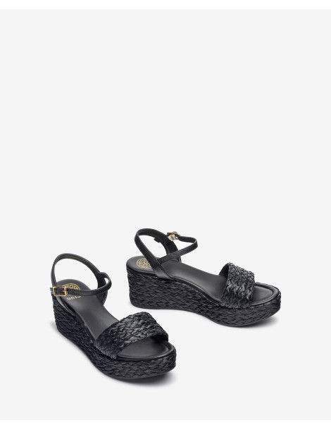 Sandales à semelle compensée en raphia naturel Noir-Sandales compensées-Chaussure femme Maroc