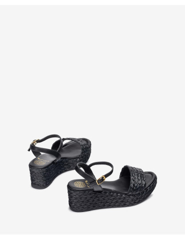 Sandales à semelle compensée en raphia naturel Noir-Sandales compensées-Chaussure femme Maroc
