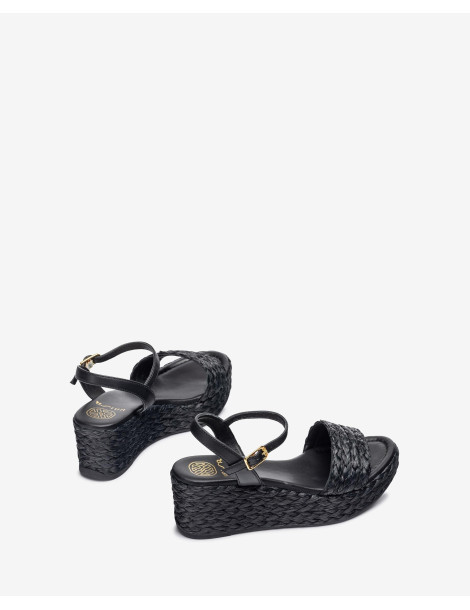 Sandales à semelle compensée en raphia naturel Noir-Sandales compensées-Chaussure femme Maroc