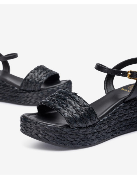 Sandales à semelle compensée en raphia naturel Noir-Sandales compensées-Chaussure femme Maroc