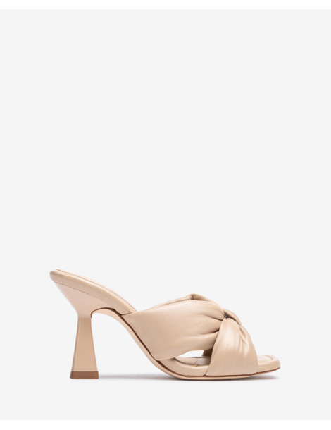 Mules en cuir beige à nœud large avec talon géometrique-Soldes été-Chaussure femme Maroc