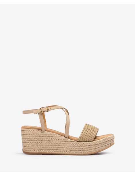 Sandales compensées en raphia et cuir beige-Soldes été-Chaussure femme Maroc