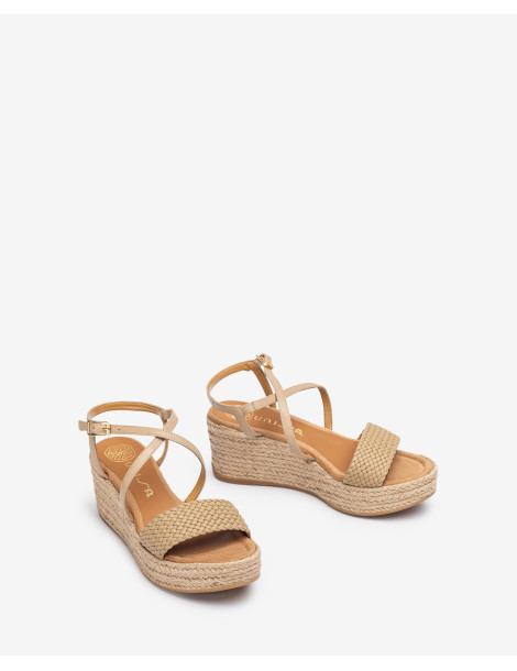 Sandales compensées en raphia et cuir beige-Soldes été-Chaussure femme Maroc