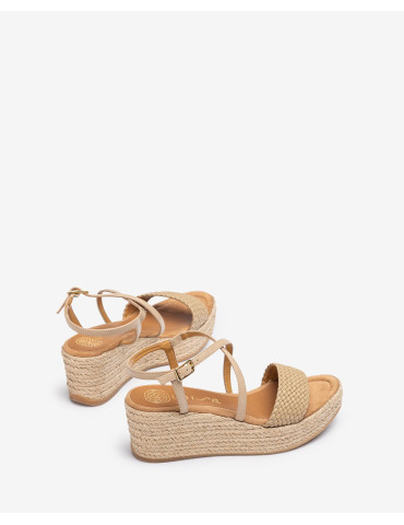 Sandales compensées en raphia et cuir beige-Soldes été-Chaussure femme Maroc