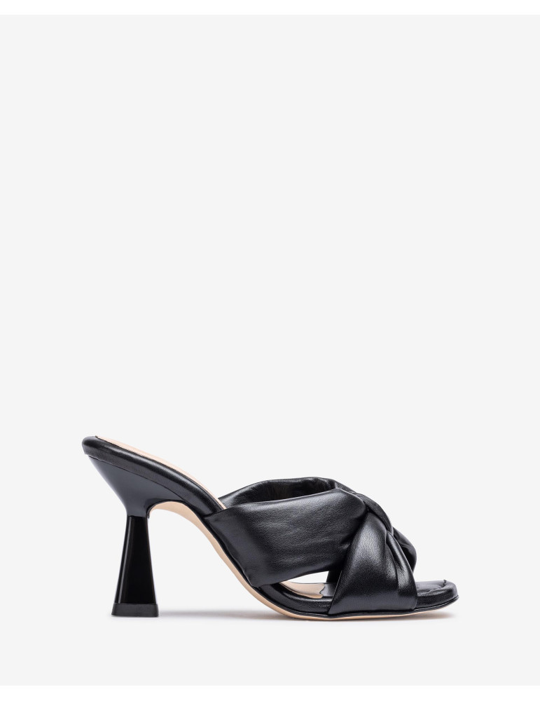 Mules en cuir noir à nœud large avec talon géométrique-Soldes été-Chaussure femme Maroc