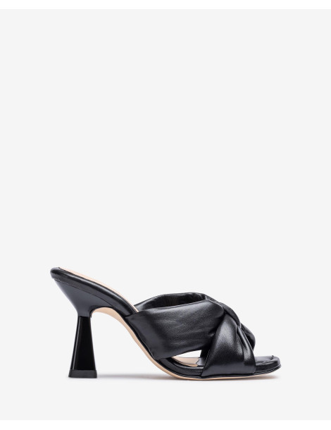 Mules en cuir noir à nœud large avec talon géométrique-Soldes été-Chaussure femme Maroc