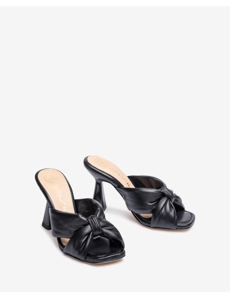 Mules en cuir noir à nœud large avec talon géométrique-Soldes été-Chaussure femme Maroc