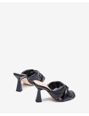 Mules en cuir noir à nœud large avec talon géométrique-Soldes été-Chaussure femme Maroc