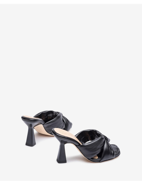 Mules en cuir noir à nœud large avec talon géométrique-Soldes été-Chaussure femme Maroc