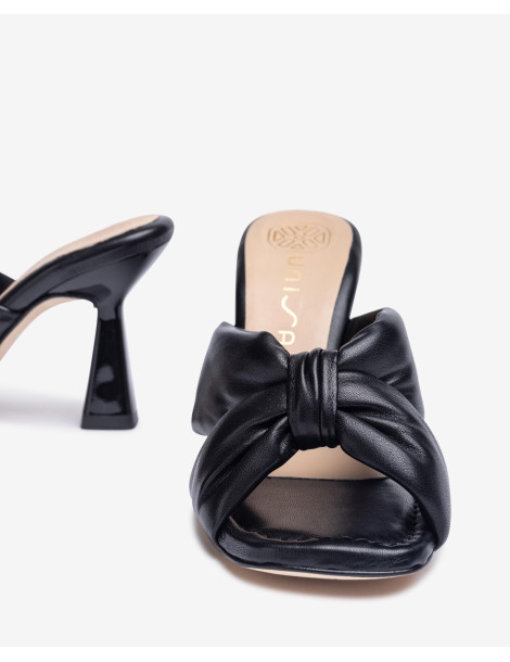 Mules en cuir noir à nœud large avec talon géométrique-Soldes été-Chaussure femme Maroc