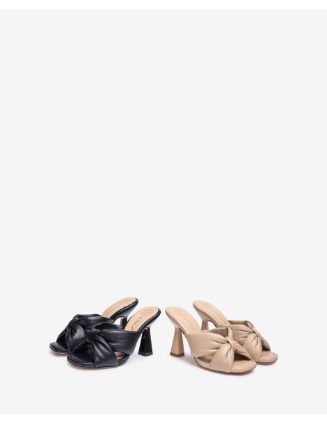 Mules en cuir noir à nœud large avec talon géométrique-Soldes été-Chaussure femme Maroc