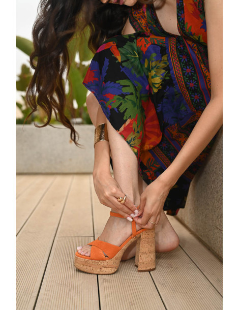 Sandales en daim orange à talon et plateforme en liège-Soldes été-Chaussure femme Maroc