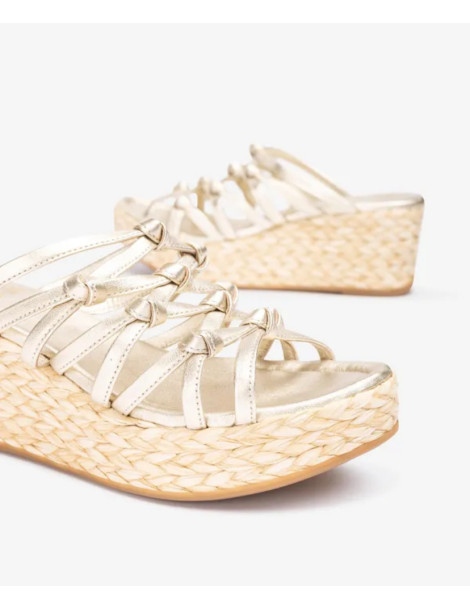 Mules avec compensé en raphia et noeuds en cuir-Soldes été-Chaussure femme Maroc