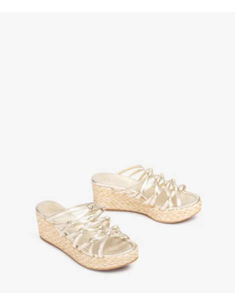 Mules avec compensé en raphia et noeuds en cuir-Soldes été-Chaussure femme Maroc