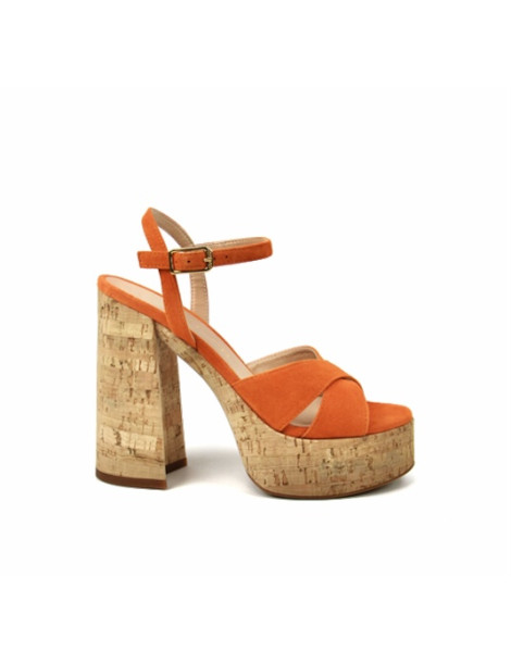 Sandales en daim orange à talon et plateforme en liège-Soldes été-Chaussure femme Maroc