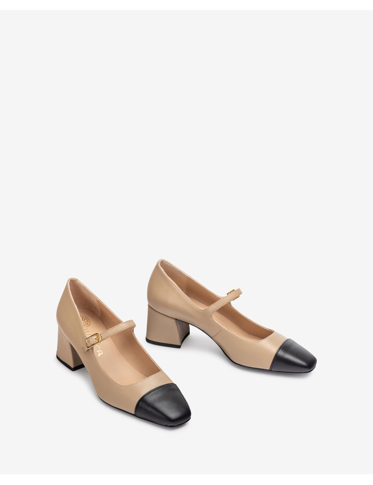 Babies en cuir beige à pointe contrastée noire-Escarpin-Chaussure femme Maroc