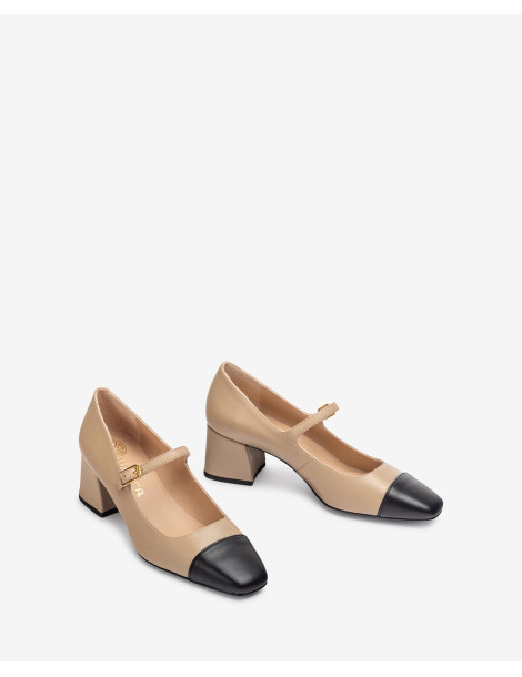 Babies en cuir beige à pointe contrastée noire-Escarpin-Chaussure femme Maroc