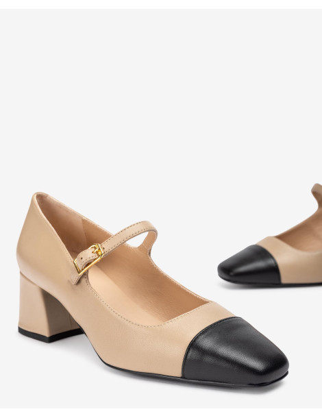 Babies en cuir beige à pointe contrastée noire-Escarpin-Chaussure femme Maroc